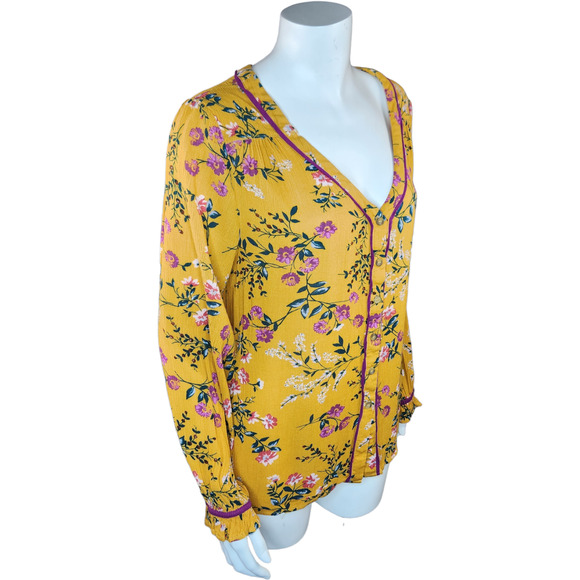 Kori American Womens Medium Gold Floral Print Button Up Blouse Balloon Sleeves - Picture 4 of 13